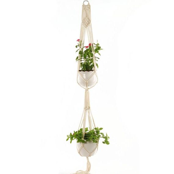 Vasi da fiori appesi a due piani tipo O Macrame Decorazione per interni Supporto per piante da fioriera da appendere con corda intrecciata per esterni