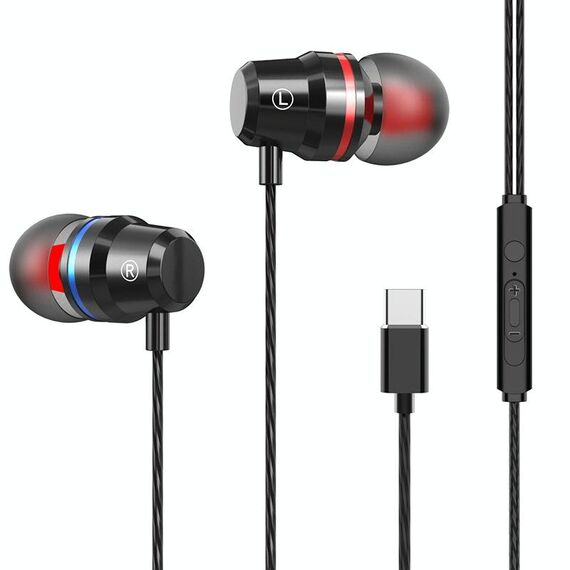 Interfaccia USB-C / Type-C Auricolare Mega Bass cablato nell'orecchio con microfono (nero)