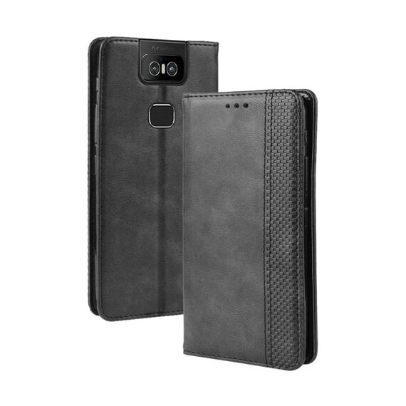 Custodia a vibrazione orizzontale in pelle con fibbia magnetica retrò per Asus Zenfone 6 ZS630KL, con supporto, slot per schede e cornice per foto (nera)