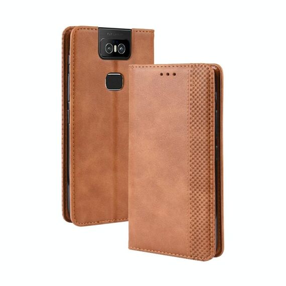 Custodia a vibrazione orizzontale in pelle con fibbia magnetica retrò, trama di cavallo pazzo per Asus Zenfone 6 ZS630KL, con supporto, slot per schede e cornice per foto (marrone)