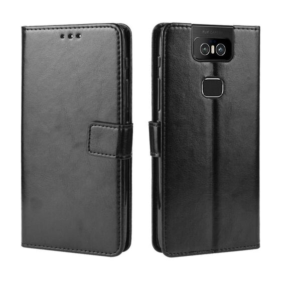 Custodia in pelle a ribaltamento orizzontale con struttura retrò Crazy Horse per Asus Zenfone 6 ZS630KL, con supporto, slot per schede e cornice per foto (nera)