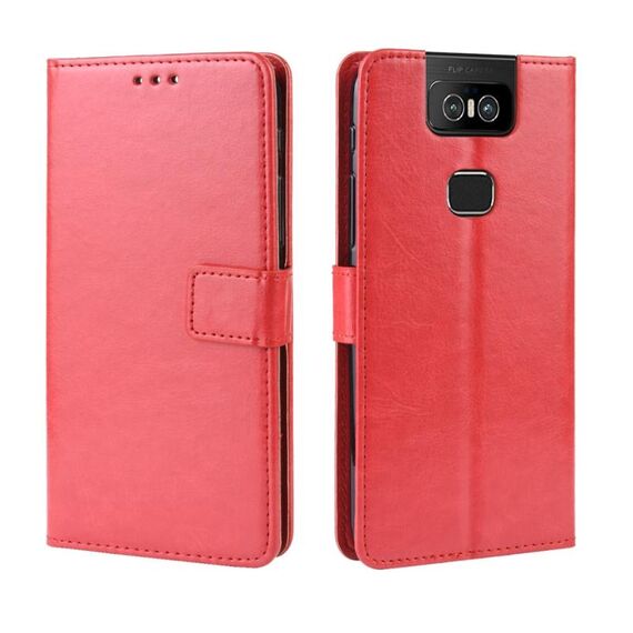 Custodia in pelle a ribaltamento orizzontale con struttura retrò Crazy Horse per Asus Zenfone 6 ZS630KL, con supporto, slot per schede e cornice per foto (rossa)