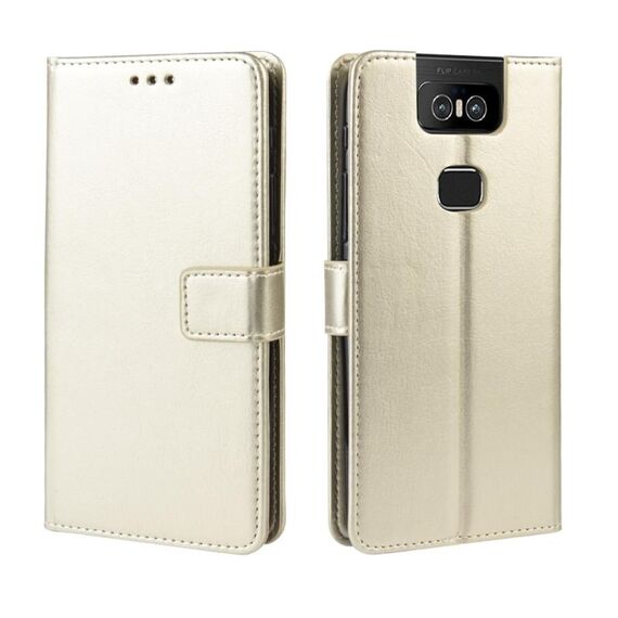 Custodia in pelle a vibrazione orizzontale con struttura retrò Crazy Horse per Asus Zenfone 6 ZS630KL, con supporto, slot per schede e cornice per foto (oro)