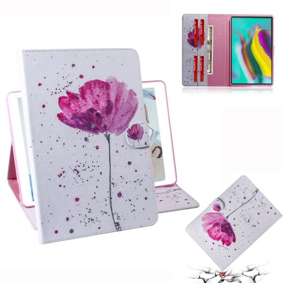 Custodia in pelle con vibrazione orizzontale motivo orchidee viola per Galaxy Tab S5E T720 / T725, con supporto, slot per schede e portafoglio