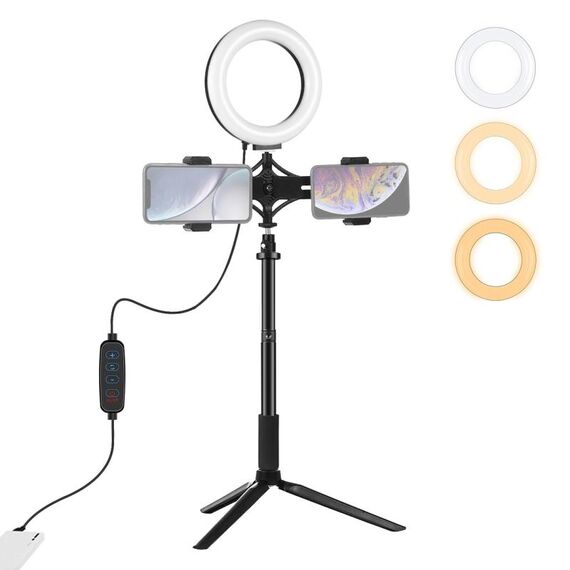 Supporto per treppiede PULUZ + asta di prolunga + staffa per doppio telefono per trasmissione live + kit di luci video per video vlogging da 6,2 pollici 16 cm LED ring