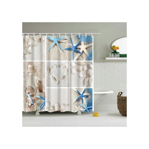 Tende da doccia lavabili in poliestere con conchiglia di stelle marine colorate da spiaggia, dimensioni: 180X180 cm (bottiglia alla deriva)