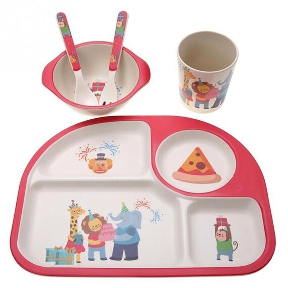 5 pezzi / set Piatti per bambini in fibra di bambù ecologici Piatti per stoviglie per bambini 4 slot Stoviglie da tavola (rosso)