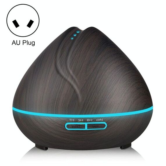 Macchina per aromaterapia Umidificatore ad ultrasuoni con telecomando a grana di legno a forma di pesca Spruzzatore automatico di alcol con luci a LED, capacità: 400 ml, spina AU (colore legno scuro)