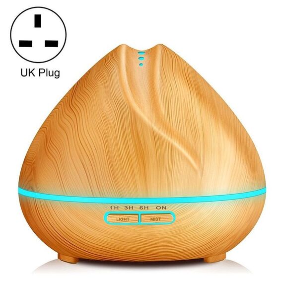 Macchina per aromaterapia Umidificatore ad ultrasuoni con telecomando a grana di legno a forma di pesca Spruzzatore automatico di alcol con luci a LED, capacità: 400 ml, spina UK (colore legno chiaro)