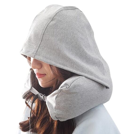 Cuscino per il collo a forma di U con cappuccio da viaggio in aereo portatile (grigio chiaro)