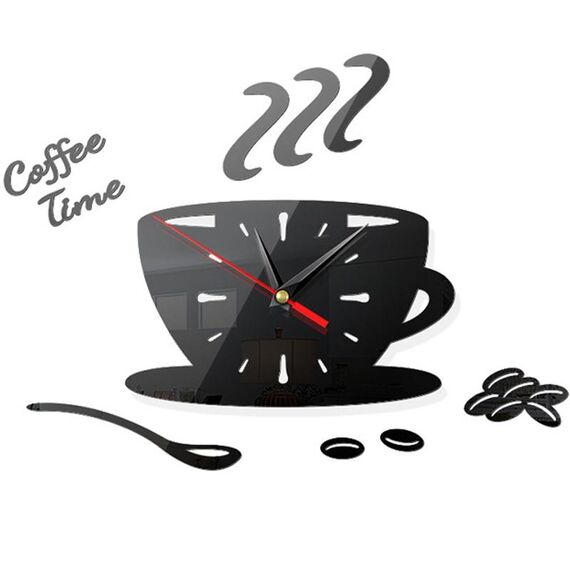 Home DIY 3D Stereo Decorativo Moda Orologio da parete caffè Adesivo da parete specchio acrilico Orologio da caffè (nero)