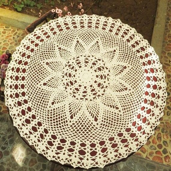 Tovaglia rotonda tessuta traforata in pizzo di cotone Mori fatto a mano squisito, dimensioni: 60 cm di diametro (beige)