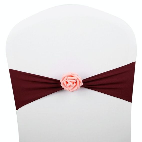 Fasce per sedie Fiocchi Decor Elastico Spandex Fusciacca con fiore rosa Elastico per sedia Decorazione di nozze (rosso vino)
