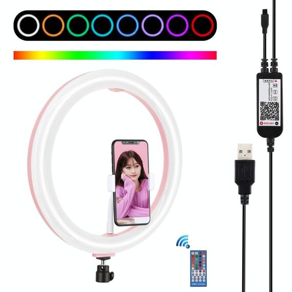 PULUZ 11,8 pollici 30 cm RGB dimmerabile LED doppia temperatura colore LED curvo anello di luce diffusa Vlogging selfie fotografia luci video con testa a sfera treppiede e morsetto per telefono e telecomando (rosa)