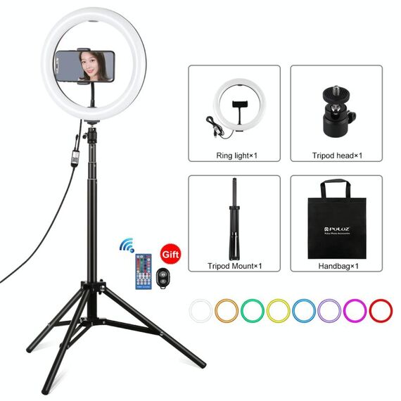 PULUZ Luce RGBW da 10,2 pollici 26 cm + 1,65 m Montaggio su treppiede Superficie curva USB RGBW Dimmerabile LED Anello Vlogging Luce video Kit di trasmissione live con scarpa fredda Testa a sfera treppiede, morsetto per telefono e telecomando (nero)