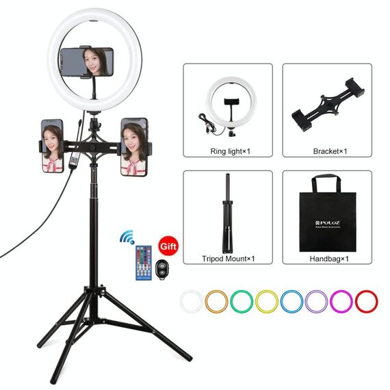 Pulluz 10.2 pollice 26 cm RGBW Light + 1.65m Treppiede Mount + Dual Phone Stacket Superficie curva Superficie USB RGBW Dimmable LED Ring Selfie Beauty Vlogging Video Light Light Kit di trasmissione in diretta con scarpa fredda Treppiede Treppiede Testa e