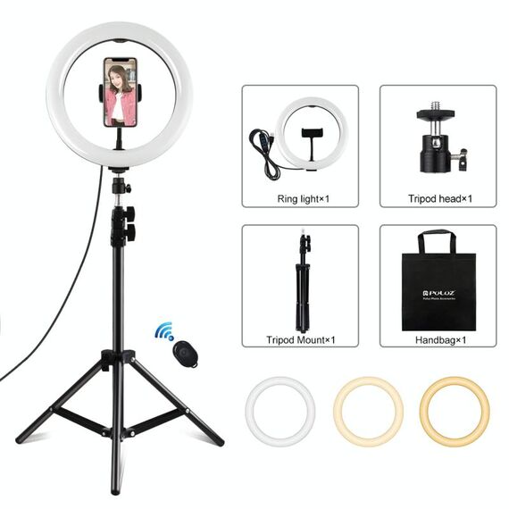 PULUZ 10,2 pollici 26 cm Anello luminoso + 1,1 m Supporto per treppiede USB 3 modalità Dimmerabile Doppia temperatura colore LED Curvo Luce diffusa Vlogging Selfie Fotografia Luci video con morsetto per telefono e telecomando per selfie (Nero)