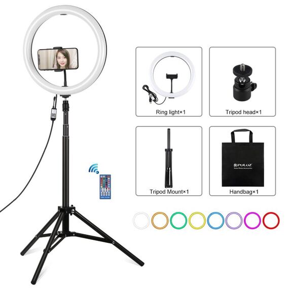 PULUZ 11,8 pollici 30 cm RGBW Light + 1.65M Superficie curva Superficie RGBW Dimmable LED Ring Selfie Vlogging Light Light Kit di trasmissione in diretta con scarpa a freddo Adattatore e telefono Morsetto e telecomando (nero)