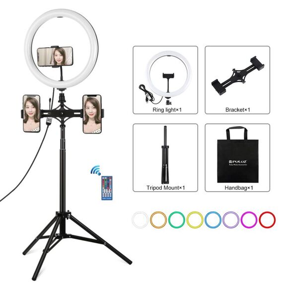 PULUZ 11.8 pollici 30 cm RGBW Light + 1.65M Mount + Dual Bracket Telefono Superficie curva RGBW Dimmable LED Ring Selfie Vlogging Light Light Kit di trasmissione in diretta con scarpa fredda Adattatore per treppiedi e telecomando (nero)