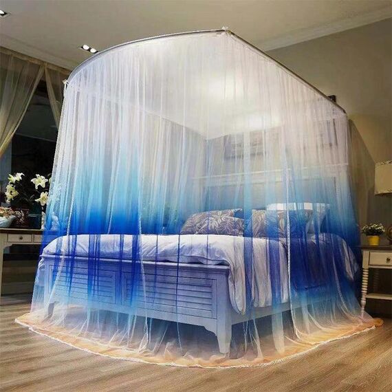 Zanzariera retrattile a pavimento a tre porte in acciaio inossidabile a forma di U, dimensioni: 2,0x2,2 metri (blu sfumato)