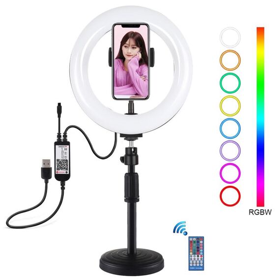 PULUZ 7,9 pollici 20 cm RGBW Luce + Base rotonda Montaggio da tavolo LED dimmerabile Doppia temperatura colore LED Anello luminoso curvo Vlogging Selfie Fotografia Luci video con morsetto per telefono (Nero)