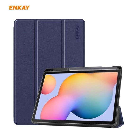 Per Samsung Galaxy Tab S6 Lite P610 / P615 / Tab S6 Lite 2022 / P613 / P619 ENKAY in pelle Smart Tablet Case con slot a penna (blu scuro)