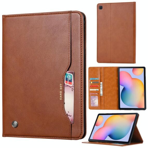 Per Samsung Galaxy Tab S6 Lite / P610 / P615 Custodia in pelle a vibrazione orizzontale con struttura in pelle impastata con cornice per foto e supporto e slot per schede e portafoglio (marrone)