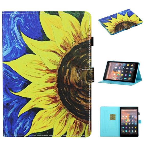 Per kindle Paperwhite 4/3/2/1 Custodia in pelle a ribaltamento orizzontale con cucitura a disegno colorato con supporto e slot per schede e funzione sleep / wake-up (girasole)