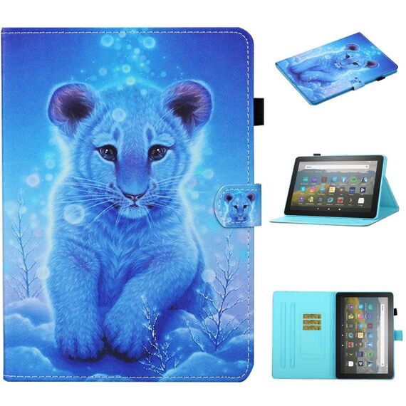 Per Kindle Fire HD8 (2020) / HD8 Plus (2020) Custodia in pelle a ribaltamento orizzontale con cucitura a disegno colorato con supporto, slot per schede e funzione sleep / wake-up (Little Tiger)