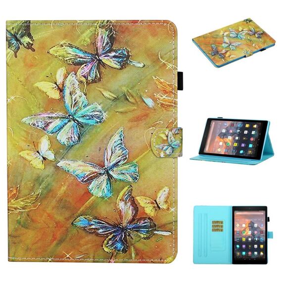 Per Kindle Fire HD8 2015/2016/2018 Custodia in pelle a ribaltamento orizzontale con cuciture colorate con supporto e slot per schede e funzione di sospensione / sveglia (farfalla)