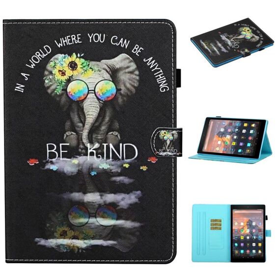 Per Kindle Fire HD8 2015/2016/2018 Custodia in pelle a ribaltamento orizzontale con cuciture colorate con supporto e slot per schede e funzione di sospensione / sveglia (icona degli occhiali)