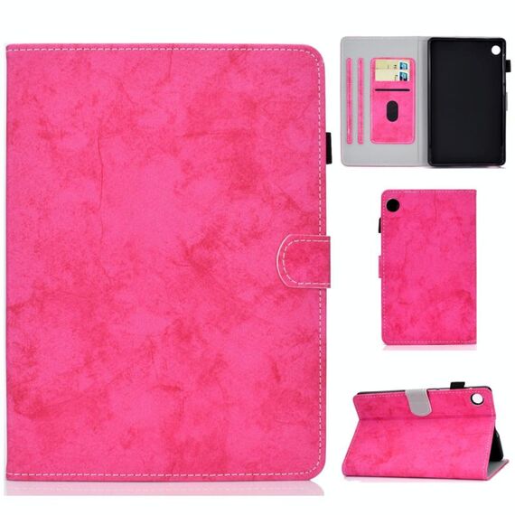 Per Huawei MatePad T8 Custodia protettiva in pelle per tablet PC con struttura in tessuto effetto marmo con staffa e slot per scheda e slot per penna e striscia antiscivolo (rosa rossa)