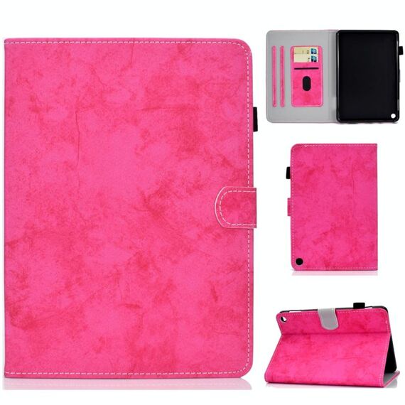 Per Amazon Kindle Fire HD 8 (2020) Custodia protettiva in pelle per tablet PC con struttura in tessuto effetto marmo con staffa e slot per schede e slot per penna, striscia antiscivolo e funzione di sveglia / sonno (rosa rossa)