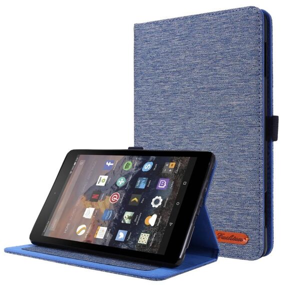 Per Amazon Fire HD 8 (2020) Custodia protettiva in TPU con vibrazione orizzontale + tessuto in pelle PU con slot per schede e supporto (blu scuro)