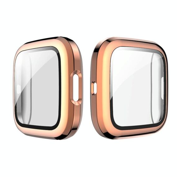 Per Fitbit Versa 2 Placcatura PC Shell + Pellicola in vetro temperato (oro rosa)