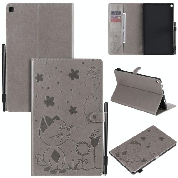 Per Amazon Kindle Fire HD 10 (2015) / (2017) Cat Bee Embossing Pattern Tavolo antiurto Custodia protettiva in pelle con vibrazione orizzontale per PC con slot per schede e portafoglio e slot per penna e funzione sleep / wake-up (grigio)