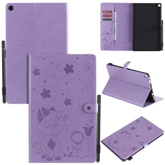 Per Amazon Kindle Fire HD 10 (2015) / (2017) Cat Bee Embossing Pattern Tavolo antiurto Custodia protettiva in pelle con vibrazione orizzontale per PC con slot per schede e portafoglio e slot per penna e funzione Sleep / Wake-up (Viola)