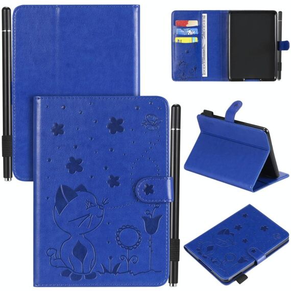Per Amazon Kindle Paperwhite 4 (2018) / 3/2/1 Cat Bee Embossing Pattern Tavolo antiurto Custodia protettiva in pelle con flip orizzontale per PC con slot per schede e portafoglio e slot per penna e funzione sleep / wake-up (blu)