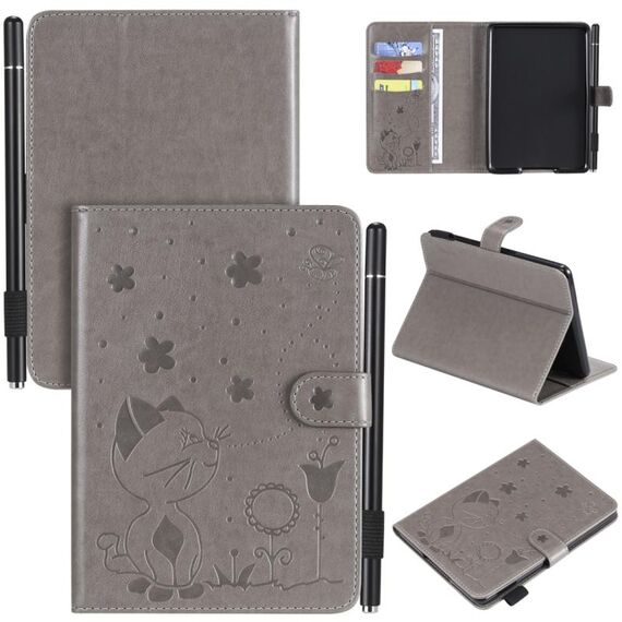 Per Amazon Kindle Paperwhite 4 (2018) / 3/2/1 Cat Bee Embossing Pattern Tavolo antiurto Custodia protettiva in pelle con flip orizzontale per PC con slot per schede e portafoglio e slot per penna e funzione Sleep / Wake-up (grigio)