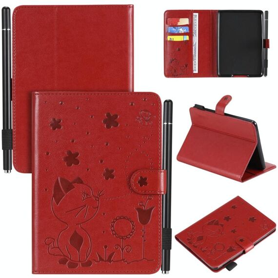 Per Amazon Kindle Paperwhite 4 (2018) / 3/2/1 Cat Bee Embossing Pattern Tavolo antiurto Custodia protettiva in pelle con flip orizzontale per PC con slot per schede e portafoglio e slot per penna e funzione sleep / wake-up (rosso)
