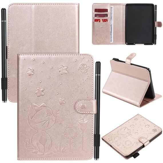Per Amazon Kindle Paperwhite 4 (2018) / 3/2/1 Cat Bee Goffratura Modello da tavolo antiurto Custodia protettiva in pelle con vibrazione orizzontale per PC con slot per schede e portafoglio e slot per penna e funzione sleep / wake-up (oro rosa)