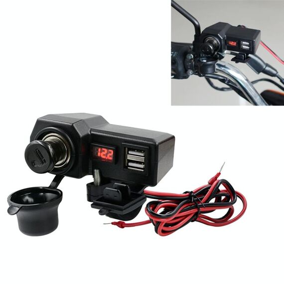 CS-1072B1 Caricatore doppio USB per moto + voltmetro con accendisigari e mozziconi di sigaretta (nero)