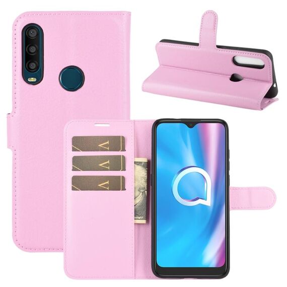 Per Alcatel 1SE 2020 Custodia protettiva a vibrazione orizzontale con struttura litchi con supporto e slot per schede e portafoglio (rosa)
