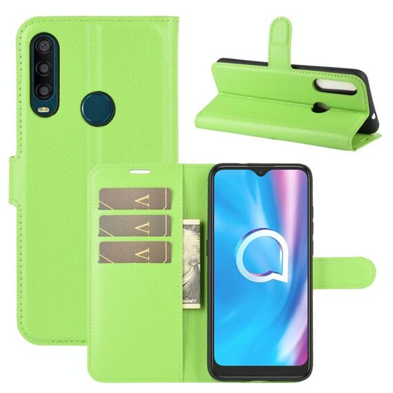 Per Alcatel 1SE 2020 Custodia protettiva a vibrazione orizzontale con struttura litchi con supporto e slot per schede e portafoglio (verde)