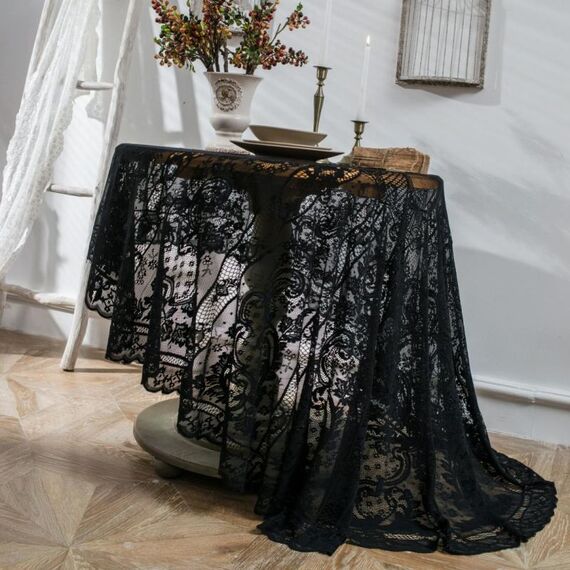 Tovaglia rotonda in pizzo, tovaglia da pranzo retrò, tavolino, tovaglia, dimensioni: 190 cm (nero)