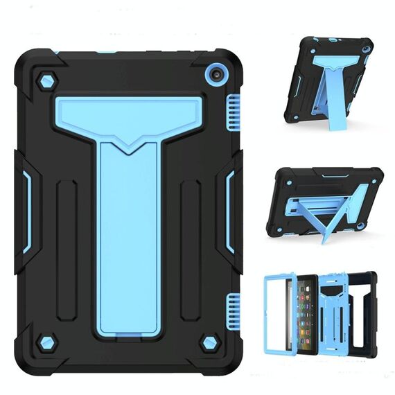 Per Amazon Kindle Fire HD 8 2020 / Fire 8 Plus Staffa a forma di T Contrasto Colore antiurto PC + Custodia protettiva per tablet in silicone (nero + blu)