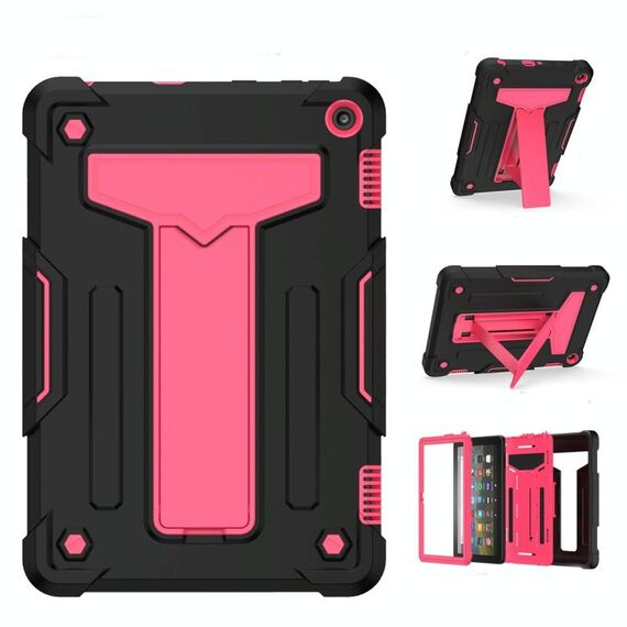 Per Amazon Kindle Fire HD 8 2020 / Fire 8 Plus Staffa a forma di T Colore a contrasto Custodia protettiva antiurto per PC + tablet in silicone (nero + rosa rossa)