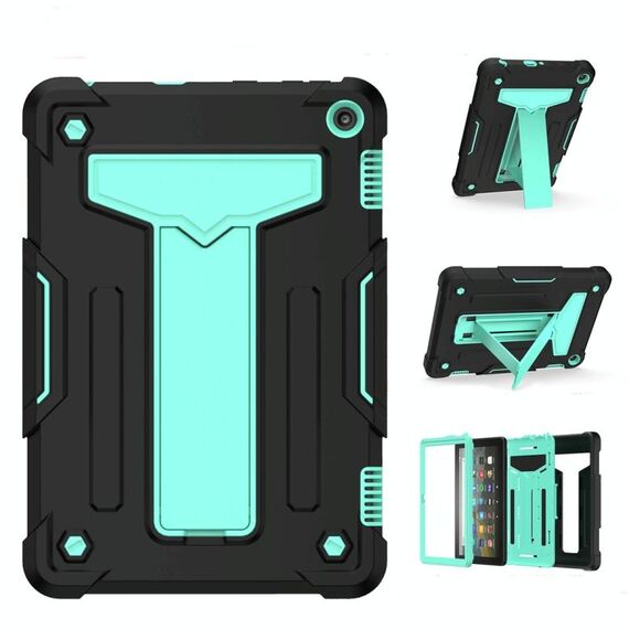 Per Amazon Kindle Fire HD 8 2020 / Fire 8 Plus Staffa a forma di T Colore a contrasto PC antiurto + Custodia protettiva per tablet in silicone (nero + verde menta)