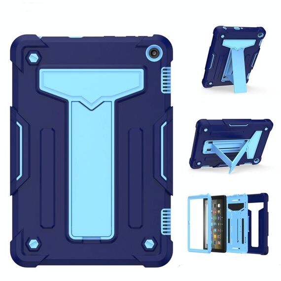 Per Amazon Kindle Fire HD 8 2020 / Fire 8 Plus Staffa a forma di T Colore a contrasto Custodia protettiva antiurto per PC + tablet in silicone (Navy + Blu)