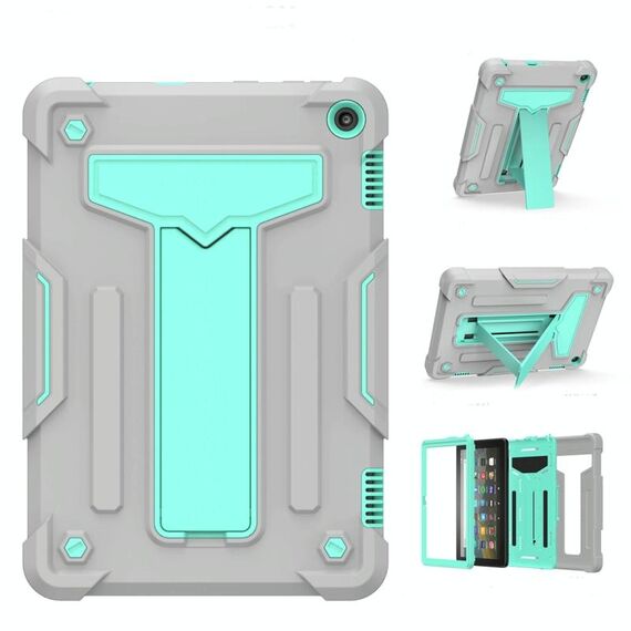 Per Amazon Kindle Fire HD 8 2020 / Fire 8 Plus Staffa a forma di T Colore a contrasto Custodia protettiva antiurto per PC + tablet in silicone (grigio + verde menta)